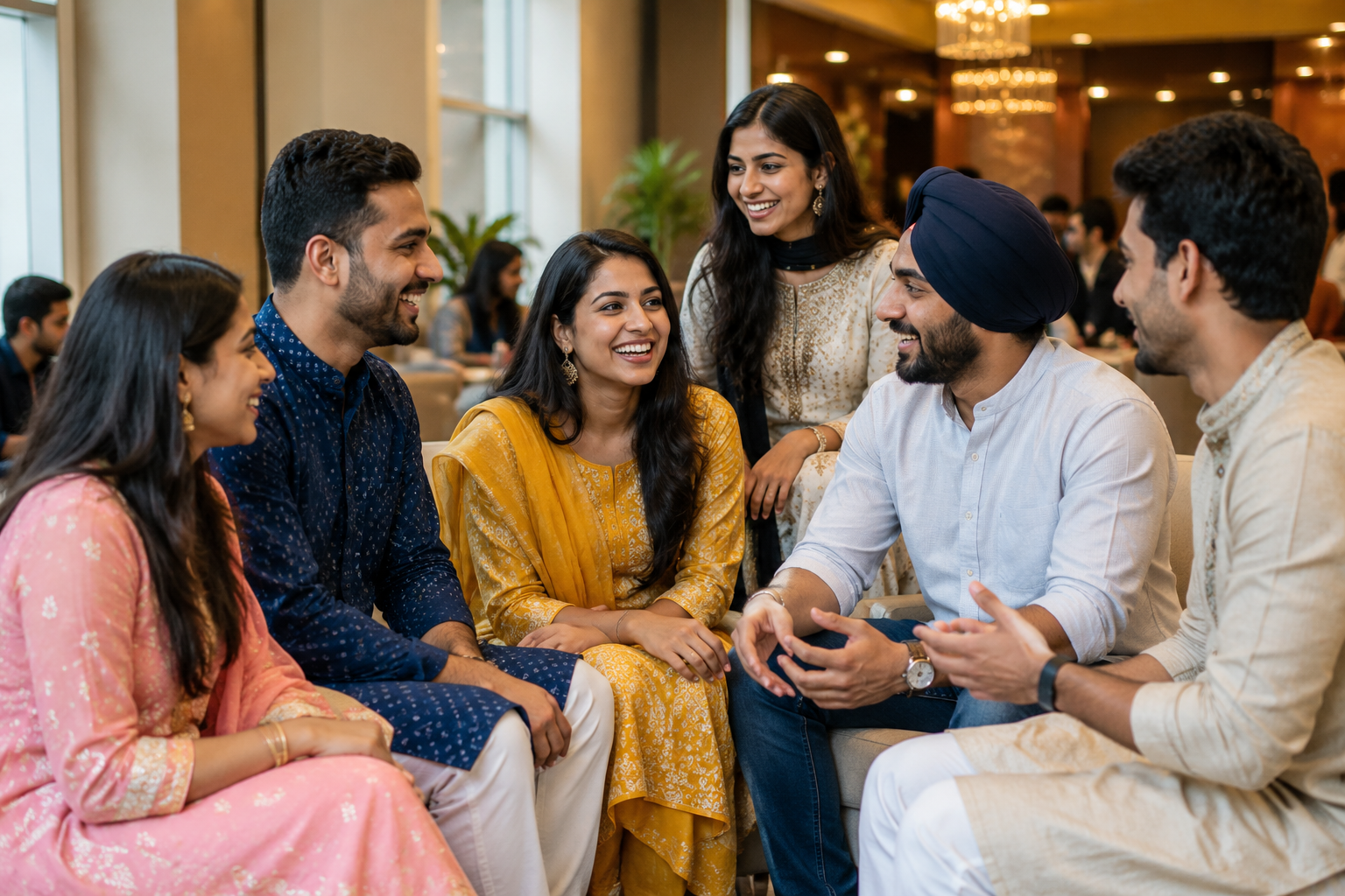 Hindu, Jain, and Sikh friends sharing a joyful conversation at a Hindu Matrimonial USA gathering