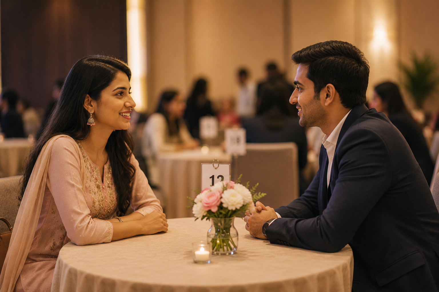 A Hindu Matrimonial USA participant couple sharing a conversation at a community event